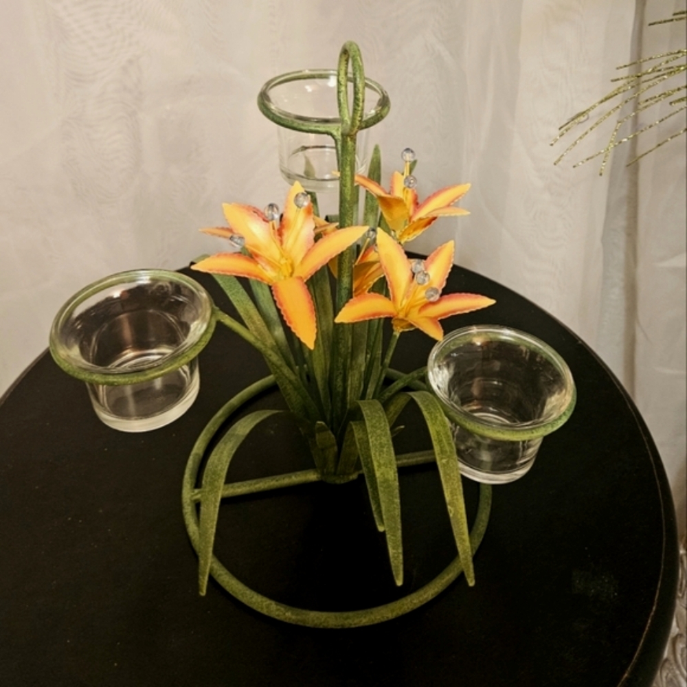 Vintage Tole Tiger Lily Votive Candle Holder